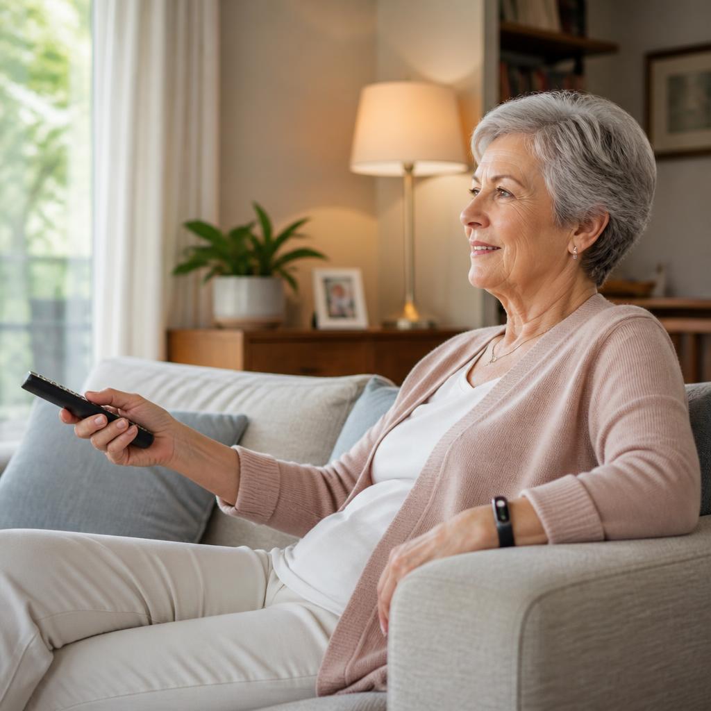 Adulta mayor viendo la televisión con una pulsera inteligente en un hogar moderno